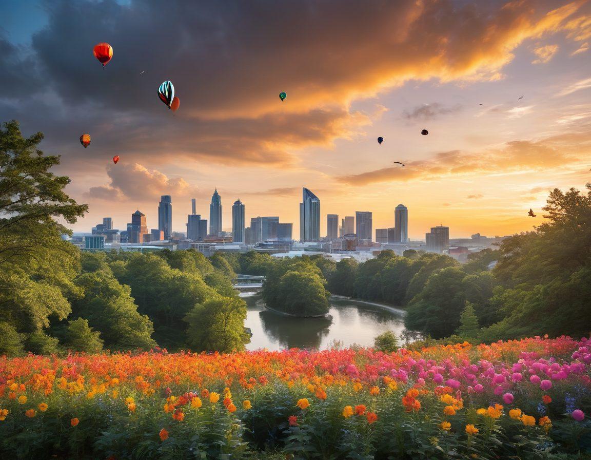 A vibrant sunrise over the Atlanta skyline, with rays of golden light illuminating iconic landmarks like the Georgia Aquarium and the Martin Luther King Jr. National Historical Park. The foreground features a diverse group of smiling locals engaging in community activities, surrounded by lush greenery and blooming flowers. Soft clouds flutter above, enhancing the freshness of the atmosphere. Include uplifting elements such as colorful balloons and cheerful birds. super-realistic. vibrant colors. 3D.