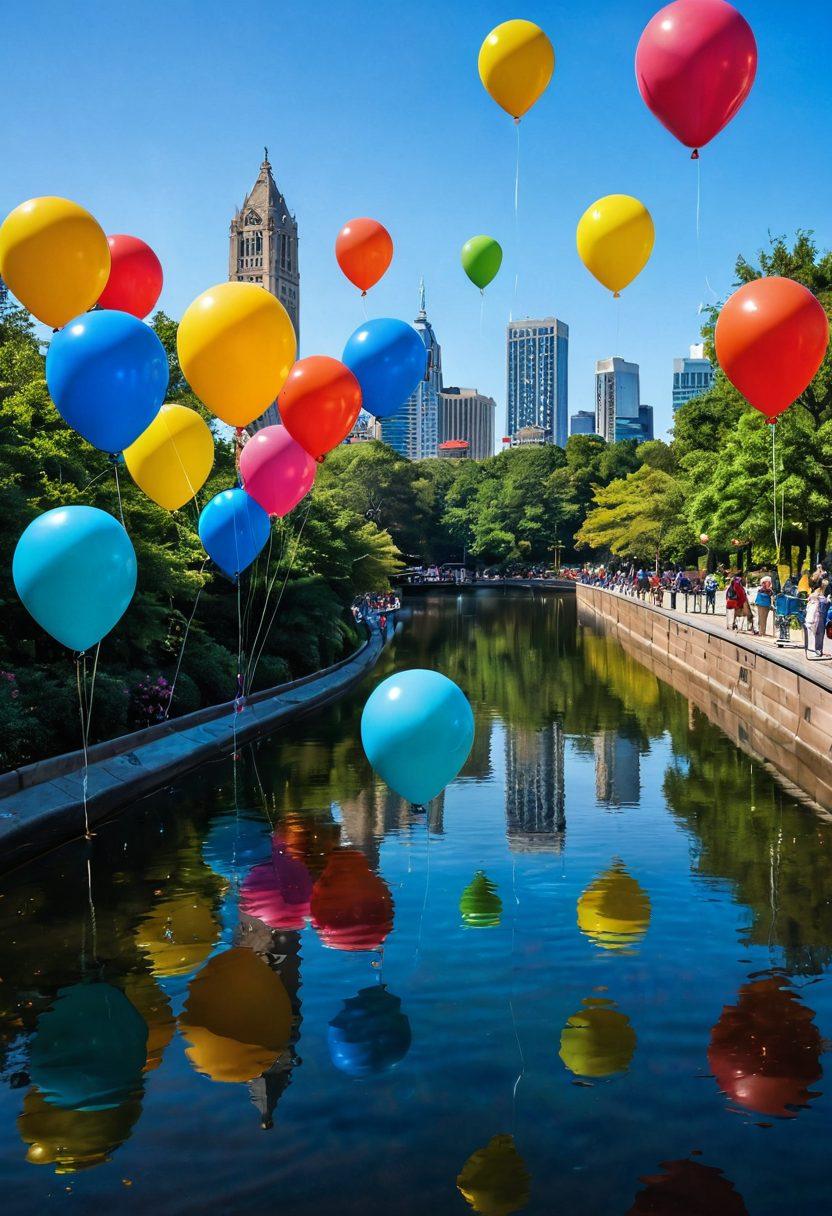 A vibrant montage of iconic Atlanta landmarks, including the Georgia Aquarium and Piedmont Park, enveloped in colorful balloons that symbolize joy and community. Add smiling faces of diverse individuals sharing stories and laughter in a sunny park setting, reflecting a sense of togetherness and positivity. Include elements of nature like blooming flowers and blue skies to evoke happiness. super-realistic. vibrant colors.