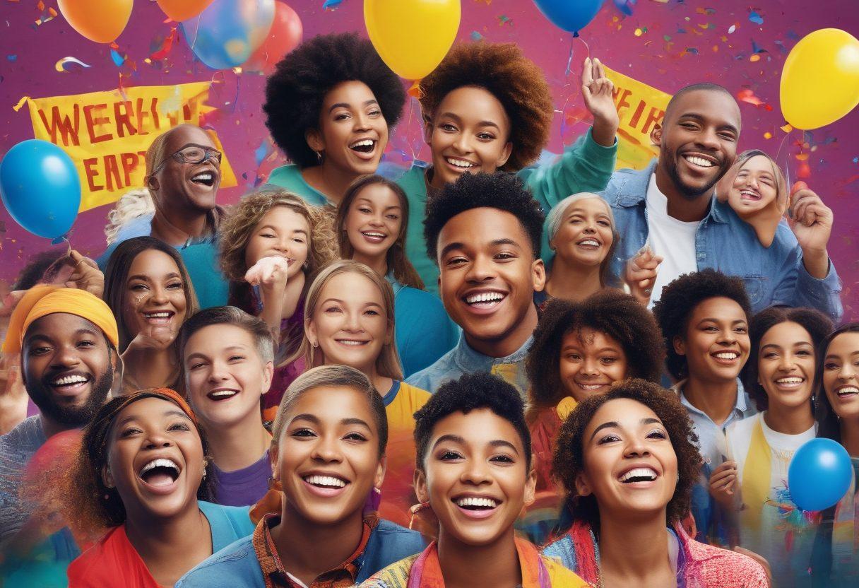 A vibrant collage depicting a diverse group of people celebrating various community achievements, with smiles, confetti, and balloons. Include elements like a banner with the words 'Weekly Updates' and symbols of recognition such as trophies or medals. Showcase different cultural backgrounds and activities that highlight community spirit and togetherness. super-realistic. vibrant colors. cheerful atmosphere.